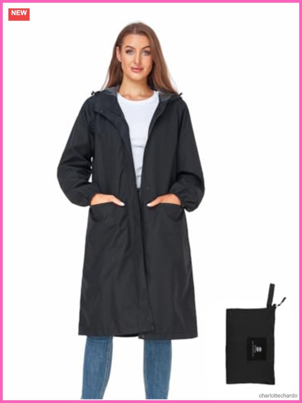 Lightweight Waterproof Knee-Length Rain Jacket with Hood Packable Windbreaker